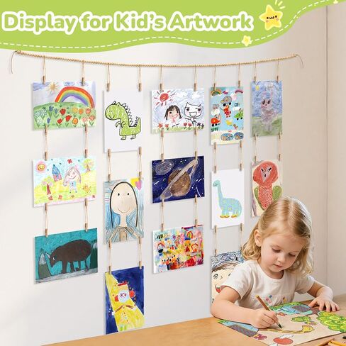 Kids Art Display Wall Decor,61" Wooden Beads Garland Frame Holder with 34 Clips for Hanging Kids Artwork,Photos,Cards and Pictures,Boho Wall Art for Children's Room,Bedroom,Living Room Decor. in Kuwait