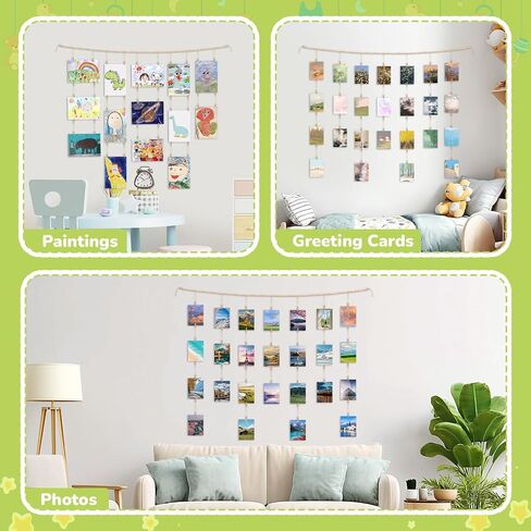 Kids Art Display Wall Decor,61" Wooden Beads Garland Frame Holder with 34 Clips for Hanging Kids Artwork,Photos,Cards and Pictures,Boho Wall Art for Children's Room,Bedroom,Living Room Decor. in Kuwait