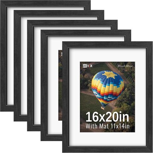 VCK 16x20 Picture Frames Black Set of 5, Wide Border Wood, Tempered Glass, Display 11x14 Photo with Mat or 16 x 20 without, for Home, Office, Gallery, Woodgrain Series, Wall Hanging in Saudi Arabia