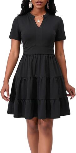 LalaLin Women's V-Neck Short Sleeve Midi Dress - Tiered Ruffle Fitted Dress - Everyday Work Professional Attire in Saudi Arabia