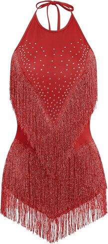 ODASDO Women Sparkly Tassel Fringe Bodysuit, Latin Dance Costume, Rhinestones Romper for Salsa Jazz Ballroom Disco Party in Kuwait