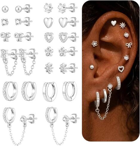 Hypoallergenic Small Gold Stud Earrings for Women 14K Gold Plated CZ Chain Hoops Hypoallergenic Earrings Dainty Clover Flower Heart Bow Stud Earrings for Jewelry Gift in Saudi Arabia