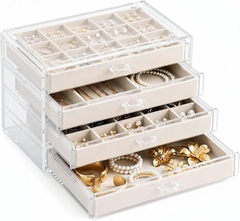 Clear Jewelry Box with 4 Drawers,Acrylic Jewelry Organizers and Storage with Velvet Trays,Earring Holder Organizer for Women and Girls, Warm White in Saudi Arabia