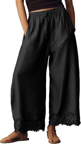 Women Cropped Lace Hem Pants Casual Drawstring Elastic High Waisted Trousers Summer Beach Flowy Pant with Pockets in Saudi Arabia