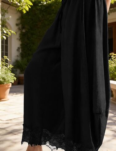 Women Cropped Lace Hem Pants Casual Drawstring Elastic High Waisted Trousers Summer Beach Flowy Pant with Pockets in Saudi Arabia