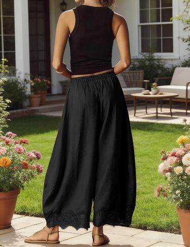 Women Cropped Lace Hem Pants Casual Drawstring Elastic High Waisted Trousers Summer Beach Flowy Pant with Pockets in Saudi Arabia