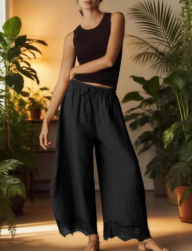 Women Cropped Lace Hem Pants Casual Drawstring Elastic High Waisted Trousers Summer Beach Flowy Pant with Pockets in Saudi Arabia