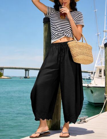Women Cropped Lace Hem Pants Casual Drawstring Elastic High Waisted Trousers Summer Beach Flowy Pant with Pockets in Saudi Arabia