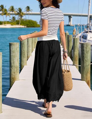 Women Cropped Lace Hem Pants Casual Drawstring Elastic High Waisted Trousers Summer Beach Flowy Pant with Pockets in Saudi Arabia