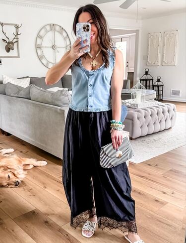 Women Cropped Lace Hem Pants Casual Drawstring Elastic High Waisted Trousers Summer Beach Flowy Pant with Pockets in Saudi Arabia