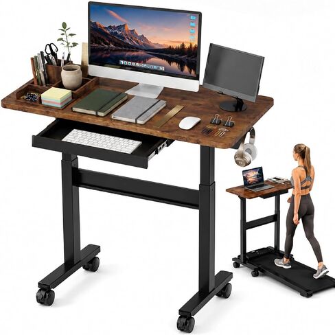 Standing Desk for Walking Pad with Wheels, Pneumatic Cordless Height Adjustable Rolling Desk, Mobile Computer Workstation with Drawer Hook Locking Casters for Treadmill & Home Office, White in Kuwait