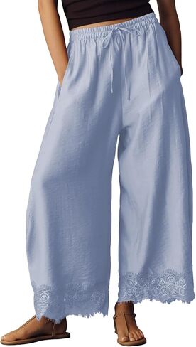 Women Cropped Lace Hem Pants Casual Drawstring Elastic High Waisted Trousers Summer Beach Flowy Pant with Pockets in Saudi Arabia