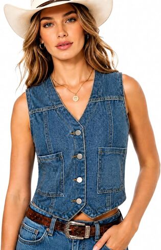 Womens Denim Vest Sleeveless V Neck Button Down Cropped Jean Waistcoat Casual Summer Layering Fashion Top in Saudi Arabia