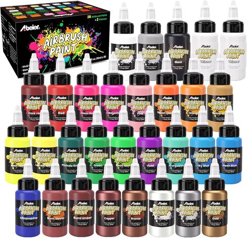 ABEIER Airbrush Paint, 28 Colors with 2 Thinner, Ready to Spray, Non-Toxic, Water-Based Acrylic Airbrush Paint Set for Metal, Models, 30 Bottles x 30ml in Saudi Arabia