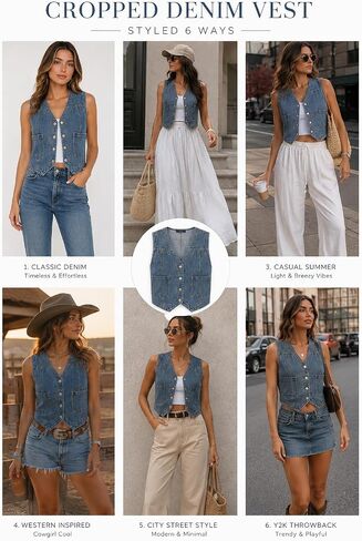 Womens Denim Vest Sleeveless V Neck Button Down Cropped Jean Waistcoat Casual Summer Layering Fashion Top in Saudi Arabia