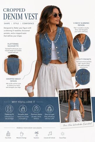 Womens Denim Vest Sleeveless V Neck Button Down Cropped Jean Waistcoat Casual Summer Layering Fashion Top in Saudi Arabia
