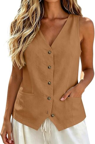 COTECRAM Cotton Linen Vest for Women 2023 Casual Sleeveless Button Down Jacket Lightweight Summer Loose Vests Outerwear in Saudi Arabia