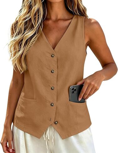 COTECRAM Cotton Linen Vest for Women 2023 Casual Sleeveless Button Down Jacket Lightweight Summer Loose Vests Outerwear in Saudi Arabia