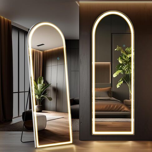 Arched Full Length Mirror with Stand 20"×63", Upgraded Full Body Mirrors with LED Light 3 Color Lighting, Floor Standing, Hanging or Leaning Modern Simple Home Wall Decor, White in Saudi Arabia