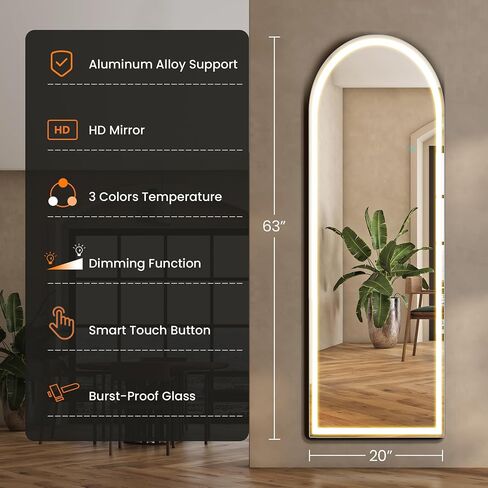 Arched Full Length Mirror with Stand 20"×63", Upgraded Full Body Mirrors with LED Light 3 Color Lighting, Floor Standing, Hanging or Leaning Modern Simple Home Wall Decor, White in Saudi Arabia