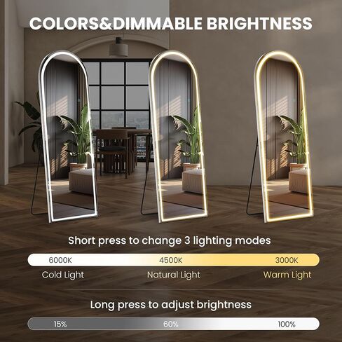 Arched Full Length Mirror with Stand 20"×63", Upgraded Full Body Mirrors with LED Light 3 Color Lighting, Floor Standing, Hanging or Leaning Modern Simple Home Wall Decor, White in Saudi Arabia