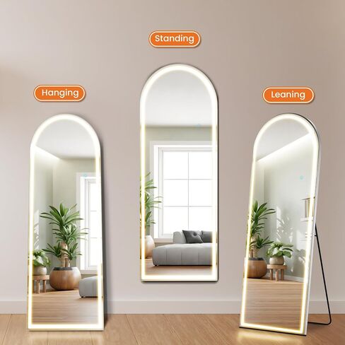 Arched Full Length Mirror with Stand 20"×63", Upgraded Full Body Mirrors with LED Light 3 Color Lighting, Floor Standing, Hanging or Leaning Modern Simple Home Wall Decor, White in Saudi Arabia