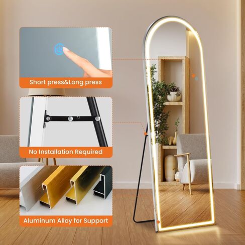 Arched Full Length Mirror with Stand 20"×63", Upgraded Full Body Mirrors with LED Light 3 Color Lighting, Floor Standing, Hanging or Leaning Modern Simple Home Wall Decor, White in Saudi Arabia