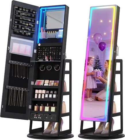 Dystler RGB Jewelry Cabinet with Full Length Mirror, 360° Rotating Standing Jewelry Armoire with Shelves, Lockable LED Floor Jewelry Storage with Mirror & Remote Control Lights, White in Saudi Arabia
