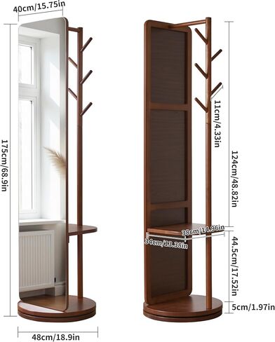 Solid Wood Floor Mirror 69"x19"Full Length Mirror with Standing,360°Rotating Coat Rack with Mirror for Bedroom, Living Room, Cloakroom in Kuwait