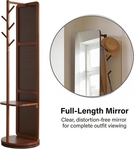 Solid Wood Floor Mirror 69"x19"Full Length Mirror with Standing,360°Rotating Coat Rack with Mirror for Bedroom, Living Room, Cloakroom in Kuwait