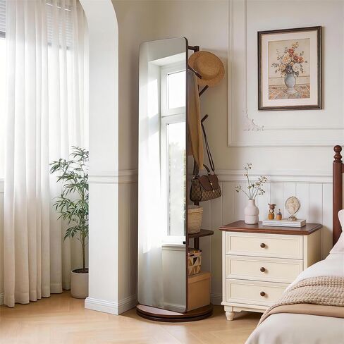 Solid Wood Floor Mirror 69"x19"Full Length Mirror with Standing,360°Rotating Coat Rack with Mirror for Bedroom, Living Room, Cloakroom in Kuwait
