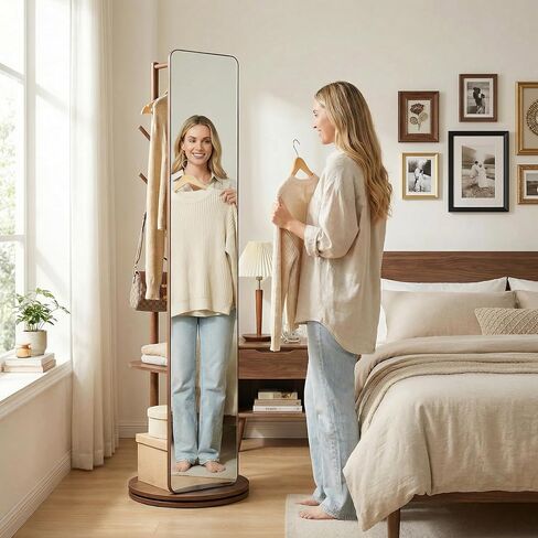 Solid Wood Floor Mirror 69"x19"Full Length Mirror with Standing,360°Rotating Coat Rack with Mirror for Bedroom, Living Room, Cloakroom in Kuwait