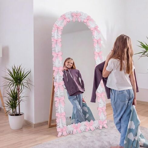Breling Coquette الوردي القوس الدانتيل مرآة الإطار تقليم 59 "× 16" كشكش رقيق مرآة الحدود، لينة عدم الانزلاق الأورجانزا المرايا غطاء Coquette ديكور المنزل الدافئ لغرفة النوم الغرور مرحاض هدية للفتيات النساء in Kuwait