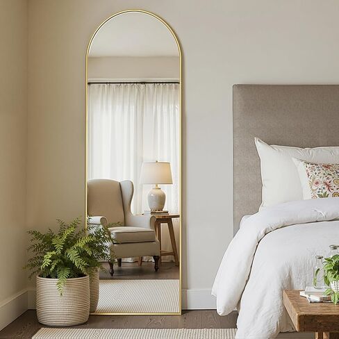 MISSDAY Arched Full Length Mirror, 64"x21" Full Body Mirror with Stand, Floor Mirror Long Free Standing, Leaning or Hanging, Aluminum Thin Frame Wall-Mounted Mirrors Wall Mirrors for Bedroom, Gold in Saudi Arabia
