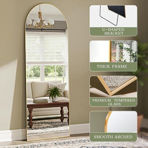 MISSDAY Arched Full Length Mirror, 64"x21" Full Body Mirror with Stand, Floor Mirror Long Free Standing, Leaning or Hanging, Aluminum Thin Frame Wall-Mounted Mirrors Wall Mirrors for Bedroom, Gold in Saudi Arabia