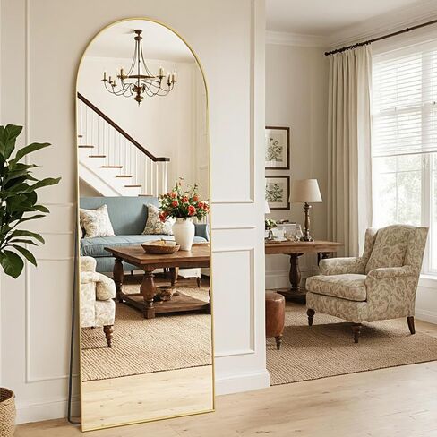 MISSDAY Arched Full Length Mirror, 64"x21" Full Body Mirror with Stand, Floor Mirror Long Free Standing, Leaning or Hanging, Aluminum Thin Frame Wall-Mounted Mirrors Wall Mirrors for Bedroom, Gold in Saudi Arabia