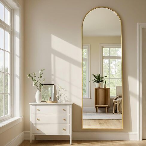 MISSDAY Arched Full Length Mirror, 64"x21" Full Body Mirror with Stand, Floor Mirror Long Free Standing, Leaning or Hanging, Aluminum Thin Frame Wall-Mounted Mirrors Wall Mirrors for Bedroom, Gold in Saudi Arabia