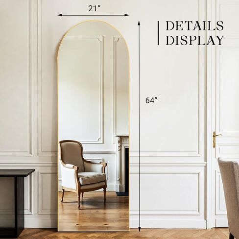 MISSDAY Arched Full Length Mirror, 64"x21" Full Body Mirror with Stand, Floor Mirror Long Free Standing, Leaning or Hanging, Aluminum Thin Frame Wall-Mounted Mirrors Wall Mirrors for Bedroom, Gold in Saudi Arabia