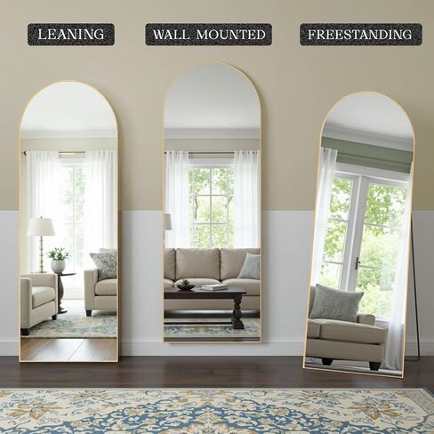 MISSDAY Arched Full Length Mirror, 64"x21" Full Body Mirror with Stand, Floor Mirror Long Free Standing, Leaning or Hanging, Aluminum Thin Frame Wall-Mounted Mirrors Wall Mirrors for Bedroom, Gold in Saudi Arabia