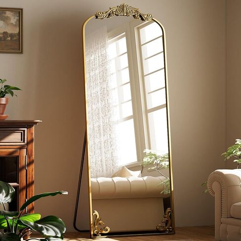 21"x 64" Arched Full Length Mirror, Freestanding Floor Mirror with Carved Metal Frame & Bottom Art Carved, Gold Full Body Mirror for HomeDecor, Halling Wall Mirror with Vintage Ornate Carved Accents in Saudi Arabia