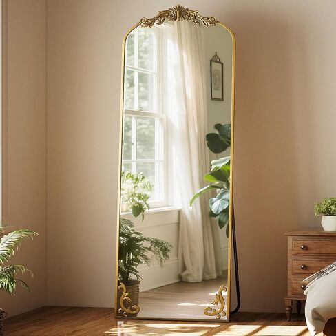 21"x 64" Arched Full Length Mirror, Freestanding Floor Mirror with Carved Metal Frame & Bottom Art Carved, Gold Full Body Mirror for HomeDecor, Halling Wall Mirror with Vintage Ornate Carved Accents in Saudi Arabia