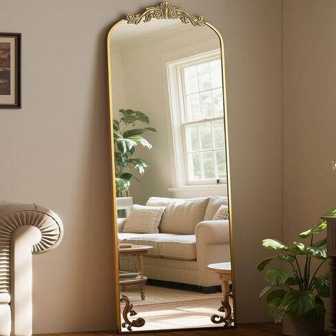 21"x 64" Arched Full Length Mirror, Freestanding Floor Mirror with Carved Metal Frame & Bottom Art Carved, Gold Full Body Mirror for HomeDecor, Halling Wall Mirror with Vintage Ornate Carved Accents in Saudi Arabia