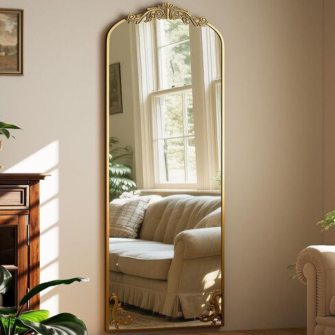 21"x 64" Arched Full Length Mirror, Freestanding Floor Mirror with Carved Metal Frame & Bottom Art Carved, Gold Full Body Mirror for HomeDecor, Halling Wall Mirror with Vintage Ornate Carved Accents in Saudi Arabia
