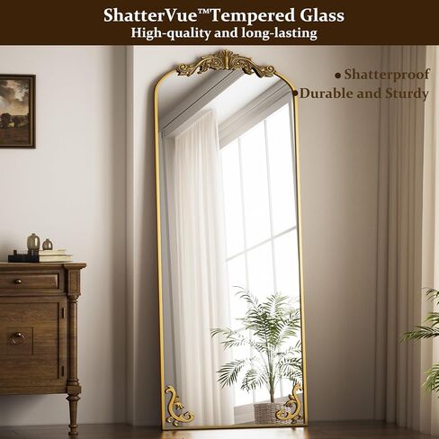 21"x 64" Arched Full Length Mirror, Freestanding Floor Mirror with Carved Metal Frame & Bottom Art Carved, Gold Full Body Mirror for HomeDecor, Halling Wall Mirror with Vintage Ornate Carved Accents in Saudi Arabia