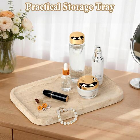 Natural Travertine Vanity Tray - Decorative Stone Marble Tray for Bathroom Countertop, Elegant Organizer for Home Decor, Jewelry, Candle, Makeup, Kitchen and Dresser Decor in Kuwait
