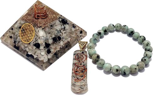 قوس قزح Moonstone Orgone كريستال هرم مع زهرة الحياة رمز سوار الحجر الطبيعي وقلادة قلادة التحرير والسرد من أجل الرخاء الريكي الشفاء الروحي مولد الطاقة اليوغا التأمل in Kuwait