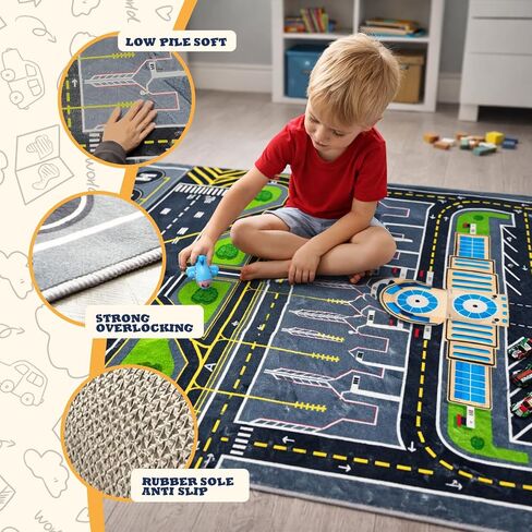 Play Rug for Kids Playroom 31''x47'' Airport Playmat Airplane Rug Airport Carpet with City Road Traffic System and Aircraft Runway，Non-Slip Washable Classroom Rugs Car Rugs Airports Mat in Saudi Arabia