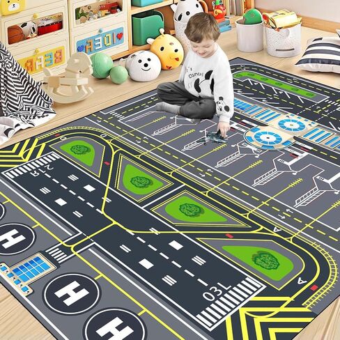 Play Rug for Kids Playroom 31''x47'' Airport Playmat Airplane Rug Airport Carpet with City Road Traffic System and Aircraft Runway，Non-Slip Washable Classroom Rugs Car Rugs Airports Mat in Saudi Arabia