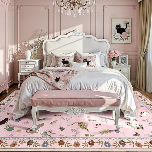 AIMPEAK Pink 6x9 Washable Area Rug - Non Slip Low Pile Cat Floral Boho Vintage Carpet for Living Room, Bedroom, Farmhouse, Dining Room, Nursery, Kids Playroom, Pink Multi in Saudi Arabia