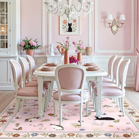 AIMPEAK Pink 6x9 Washable Area Rug - Non Slip Low Pile Cat Floral Boho Vintage Carpet for Living Room, Bedroom, Farmhouse, Dining Room, Nursery, Kids Playroom, Pink Multi in Saudi Arabia